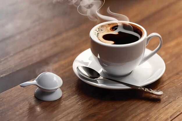 Realistic beautiful photo of coffee cup with steam and spoon