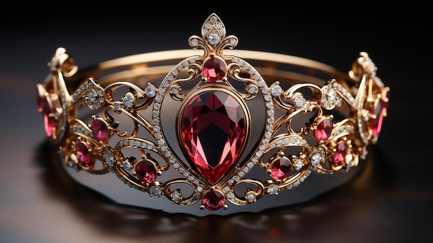 위에 황금 공주 왕관과 함께 현실적인 아름다운 붉은 다이아몬드