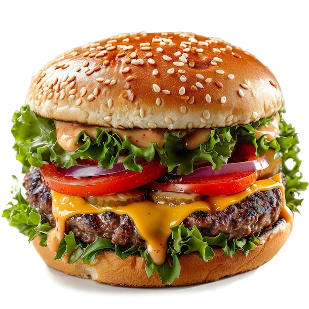 a realistic Beef burger with a lot of cheese with clear white background