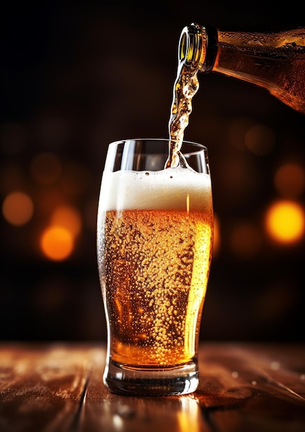 Реалистичная пивная бутылка, наливающая пиво в стакан