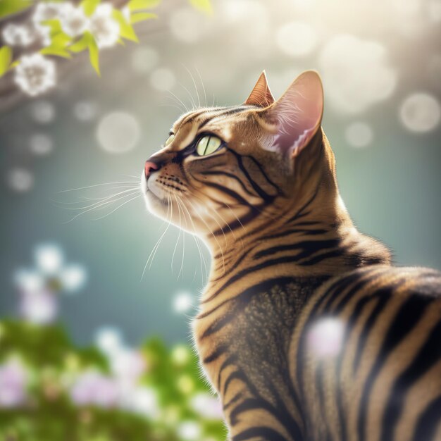 Realistic bengal cat on ravishing natural outdoor background