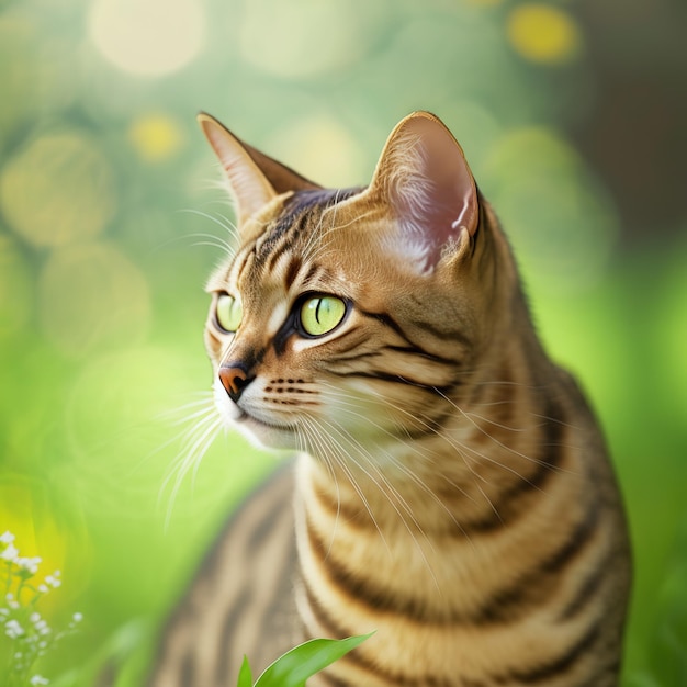 Realistic bengal cat on ravishing natural outdoor background