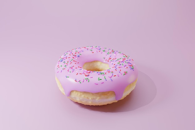 Rendering 3d di una ciambella smaltata grande e realistica ciambella con glassa rosa e una spruzzata di colore dolce su sfondo viola