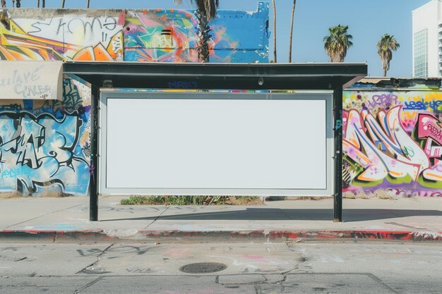 Realistic billboard at bus stop in Los Angeles California to create marketing mockup