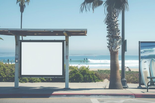 Realistic billboard at bus stop in Los Angeles California to create marketing mockup