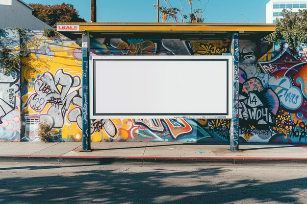 Photo realistic billboard at bus stop in los angeles california to create marketing mockup