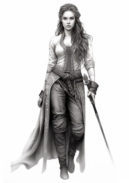 Фото Реалистичная черно-белая иллюстрация величественной эльфийской женщины с мечом