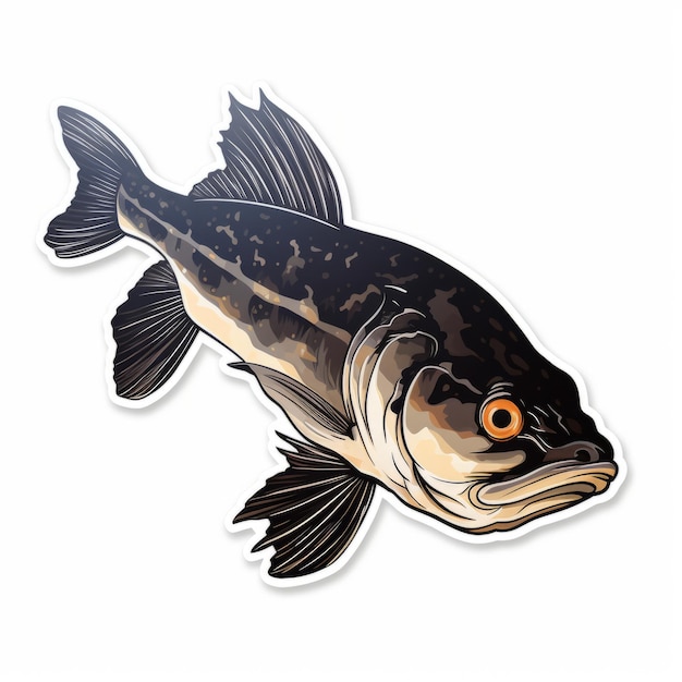 Photo realistic black bass sticker caricaturelike illustration on white