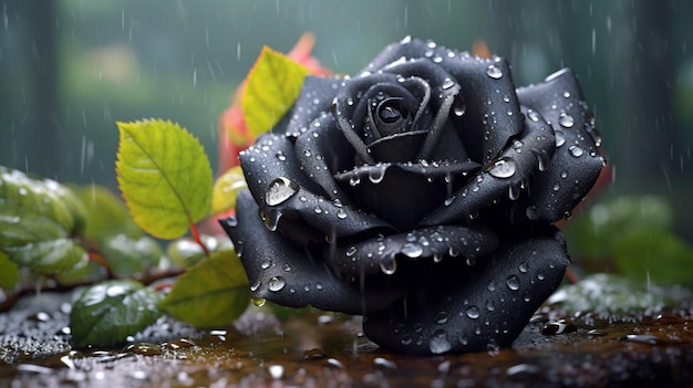 Photo realistic black flower in rainy day
