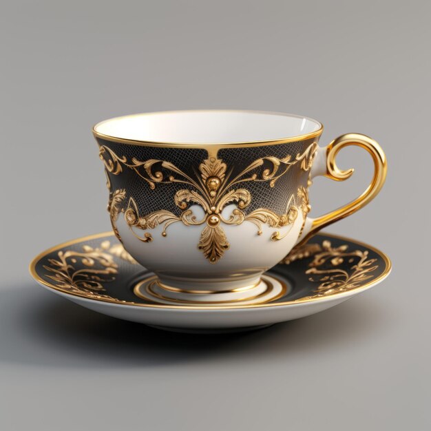 Photo realistic black and gold cup and saucer 3d model