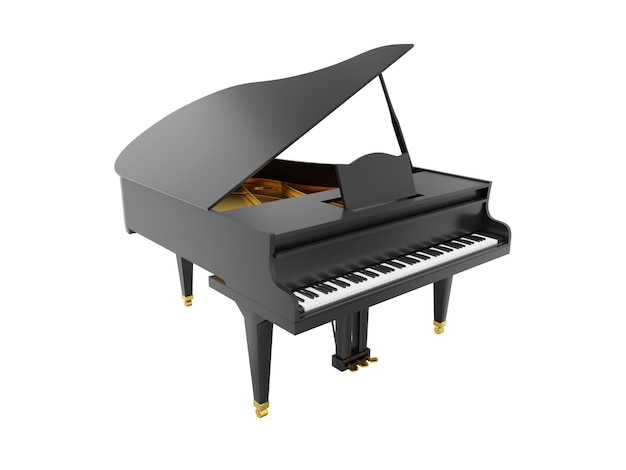 Realistic black grand piano musical instrument 3d rendering Icon on white background