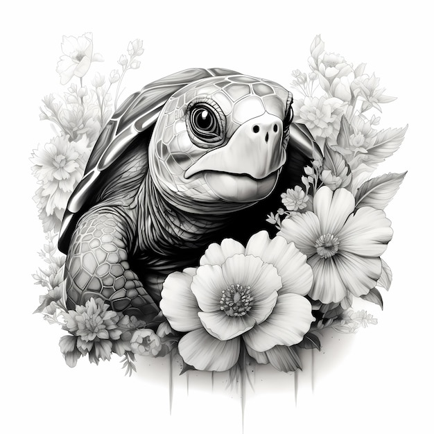 Realistic Black and Grey Drawing of a Floral Turtle in Water