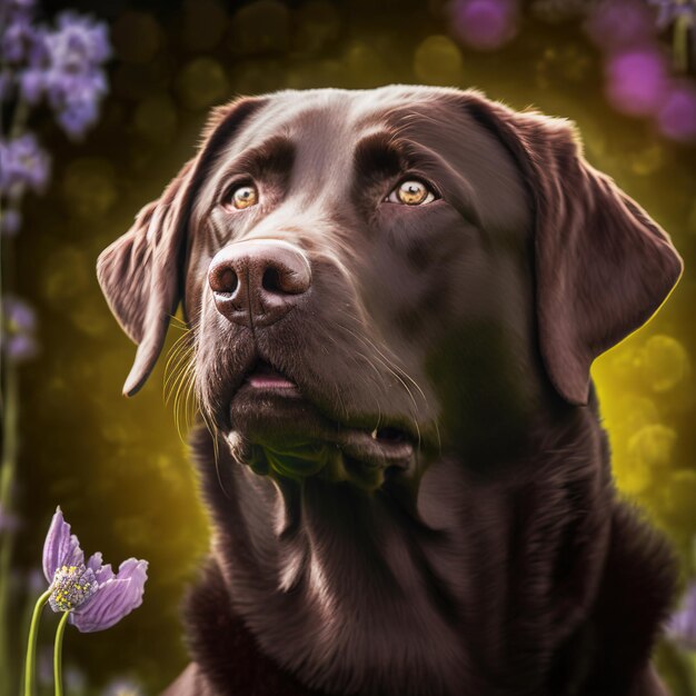 Realistic black labrador retriever on ravishing natural outdoor background