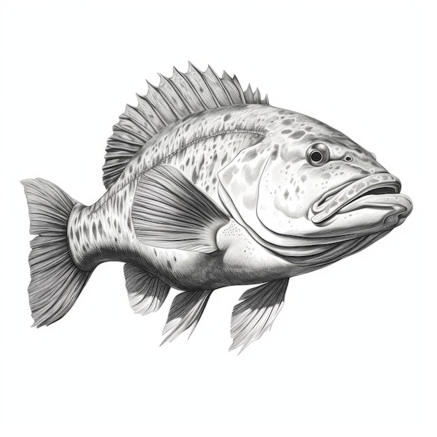 Realistic Black And White Bass Fish Drawing With Detailed Character Illustrations