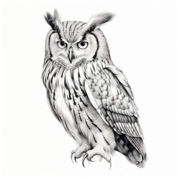 Photo realistic black and white owl pencil illustration