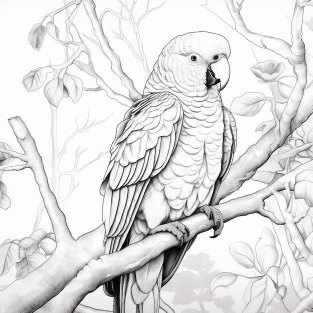 Foto realistico disegno a tratteggio di pappagallo in bianco e nero per la colorazione invernale