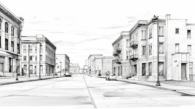Realistic Black And White Sketch Of Urban Commercial Corridor