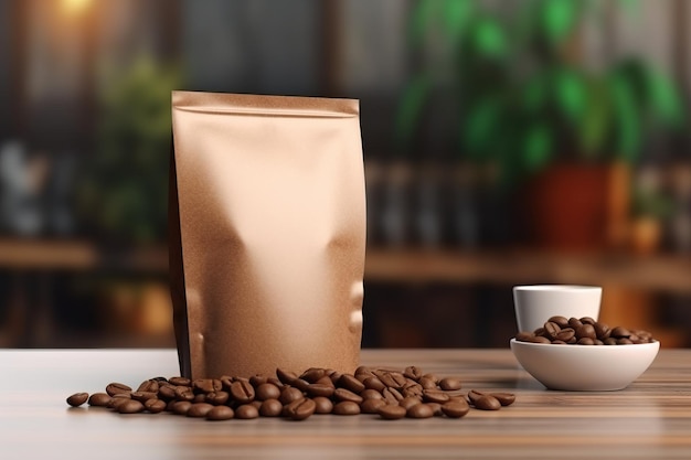 Realistic Blank brown Standing Pouch valve on a wooden table background with coffee beans