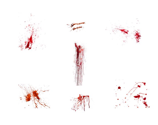 사진 흰색 배경에 격리된 실제 혈액 혈액 방울과 7개 조각 모음
