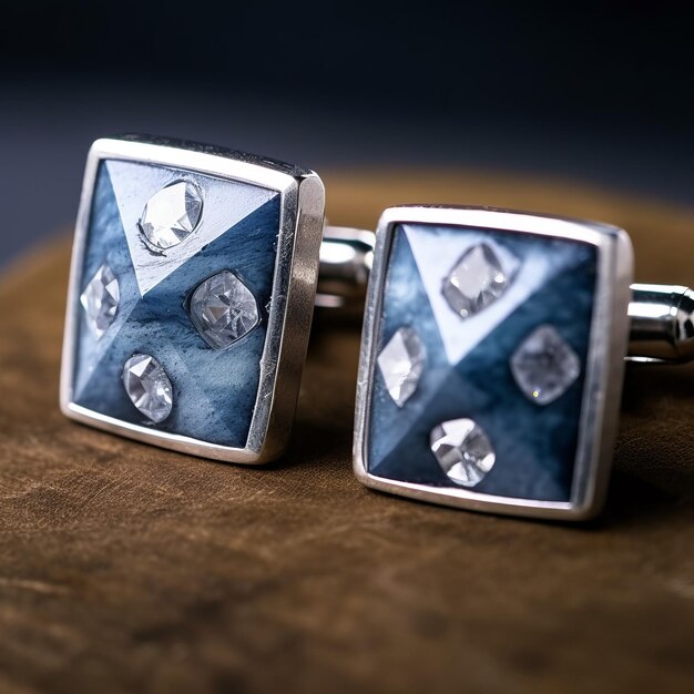 사진 자연주의적인 텍스를 사용한 현실적인 파란색과 흰색 다이아몬드 커프스 단추