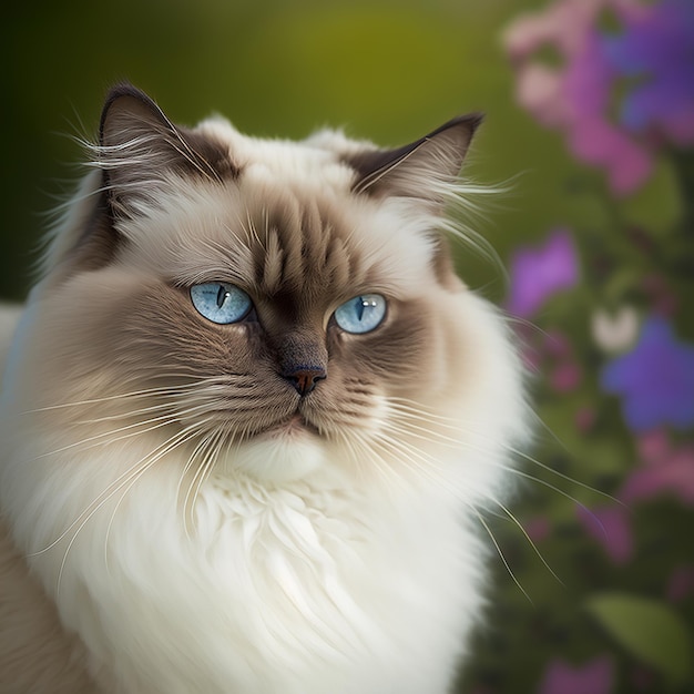 Realistic blue eye ragdoll cat on ravishing natural outdoor background