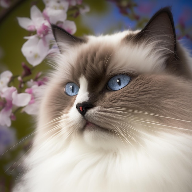 Realistic blue eye ragdoll cat on ravishing natural outdoor background