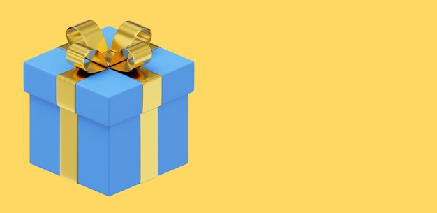 Realistic blue gift box with gold ribbon 3D rendering Icon on yellow background text space