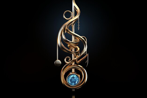 Photo realistic blue metal treble clef on a black background 3d golden musical symbol decoration elements