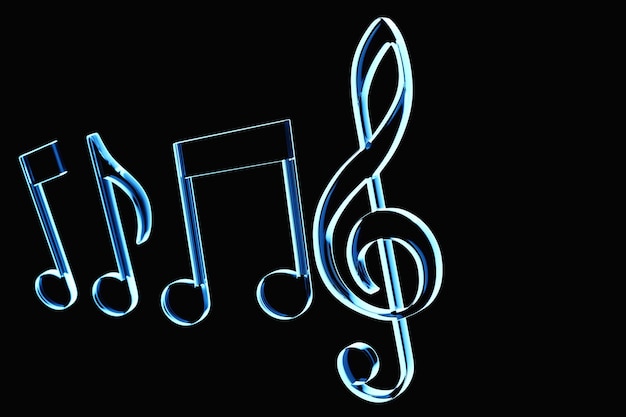 Realistic blue neon treble clef and musical notes on a black background 3d golden musical symbol decoration elements for design