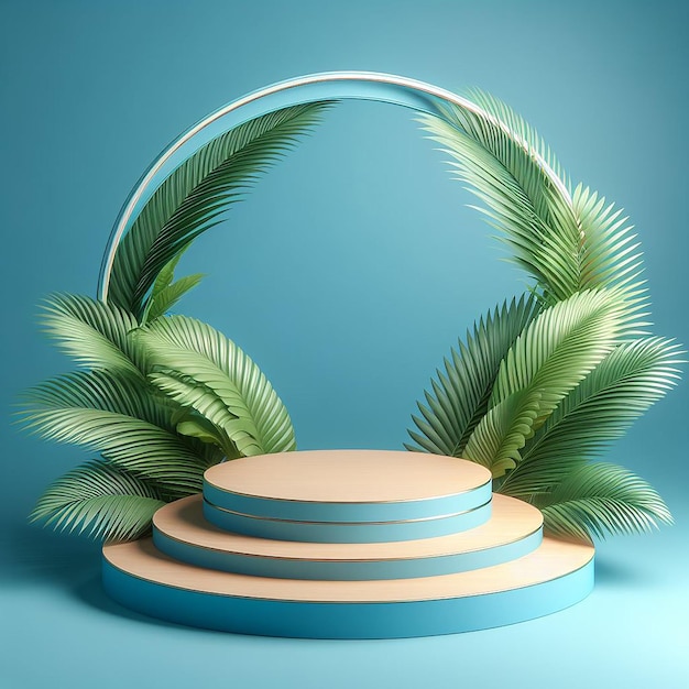 Realistic blue product podium with coconut leaves round arch palm leaf