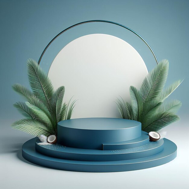 Realistic blue product podium with coconut leaves round arch palm leaf