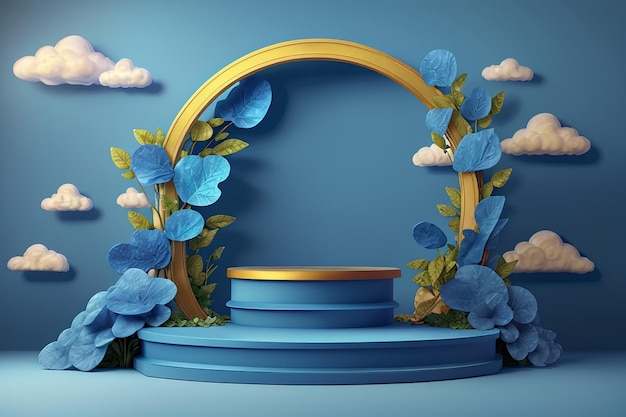 Realistic blue product podium with golden round arch plm leaf and clouds