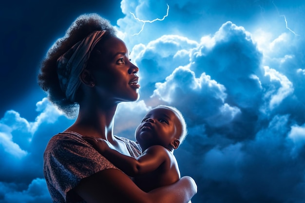 Foto cielo blu realistico con composizione nuvolosa che crea una silhouette di una donna africana con un bambino