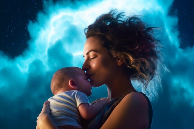 Foto cielo blu realistico con composizione nuvolosa che assomiglia a una silhouette di una donna con un bambino