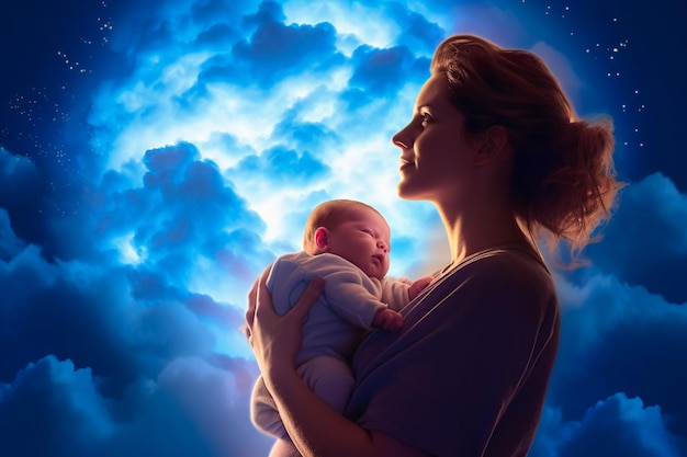 Photo realistic blue sky with cloud composition that looks like a portrait silhouette of woman with baby