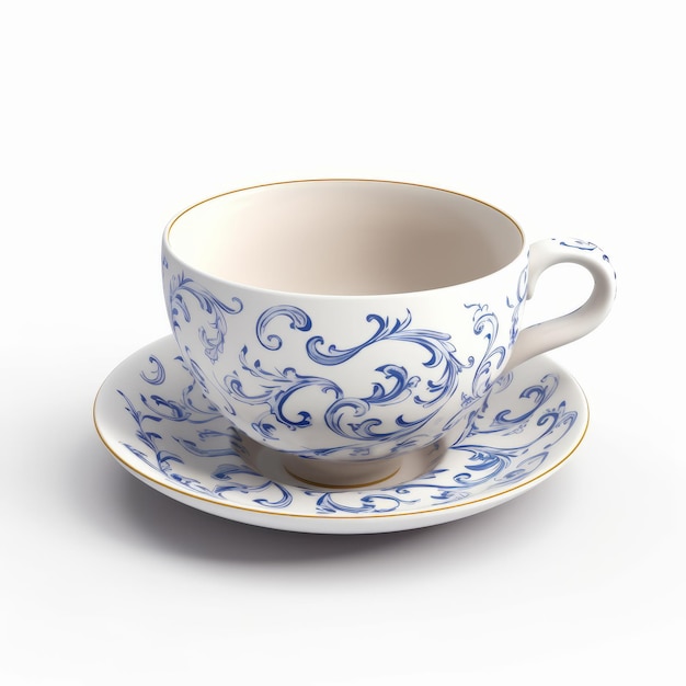 Realistic Blue And White Porcelain Tea Cup And Saucer With Baroq
