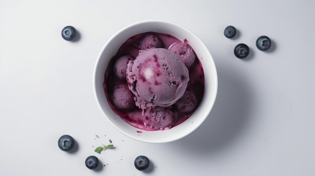 Photo realistic blueberry ice cream in a white bowl white background