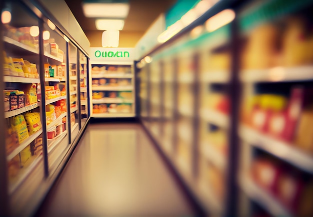 Реалистичный размытый фон магазина Универмаг Супермаркет или продуктовый магазин Сгенерированное AI изображение