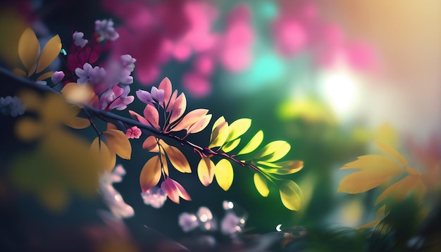 Realistic blurred spring background with colorful flowers Generative AI