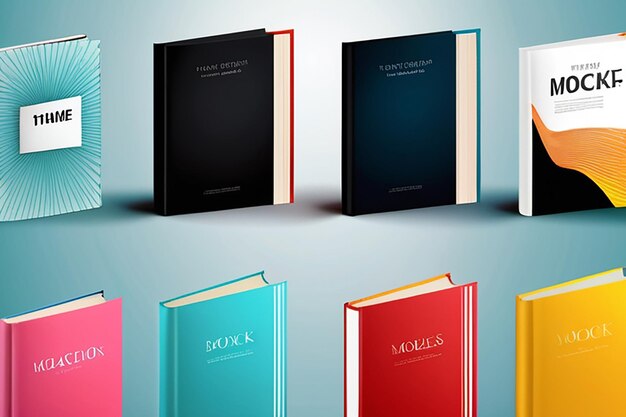 Photo realistic book mockup design template set with four isolated images of colored books