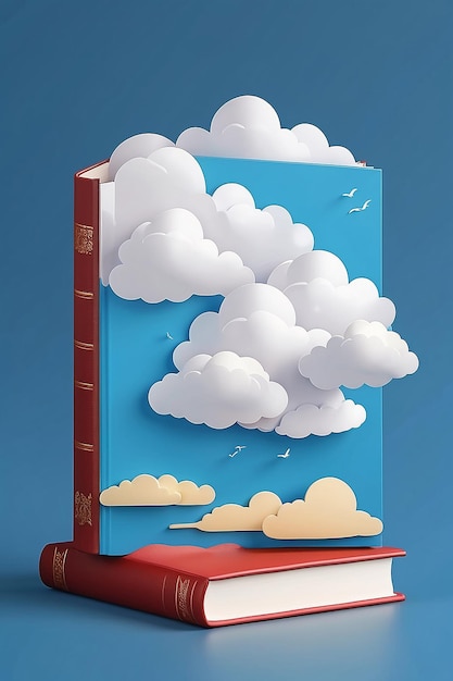 Realistic book with clouds on blue background