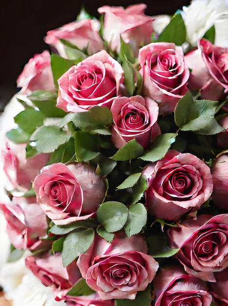 Realistic bouquet of wedding roses shown up close with sharp focus intricate details and topnotch quality in HDR UHD K and K resolution Generative AI Generated