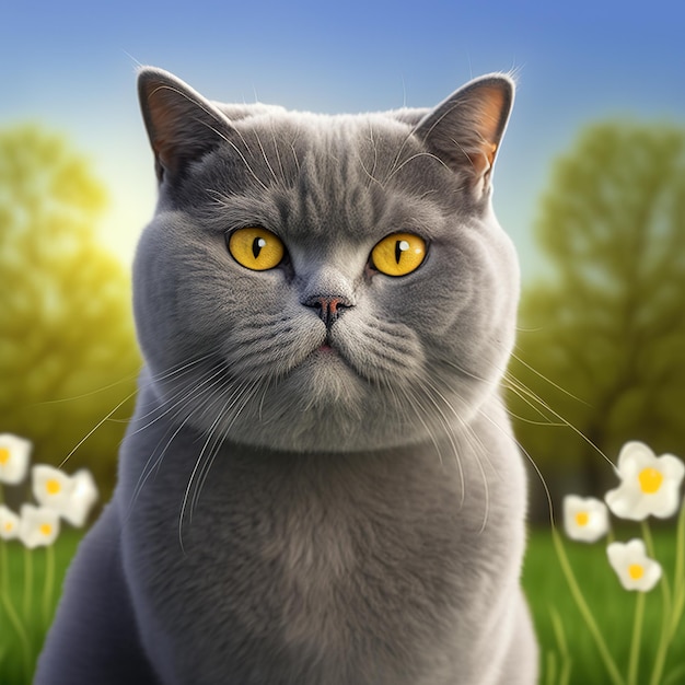 Realistic british shorthair cat on ravishing natural outdoor background