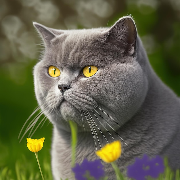 Realistic british shorthair cat on ravishing natural outdoor background