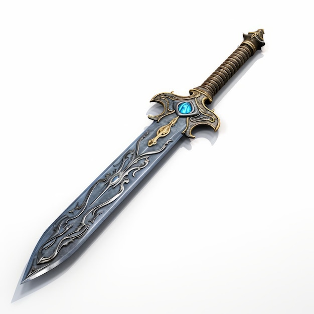 Realistic Bronze Sword With Blue And Gold Gems Artgerm Style