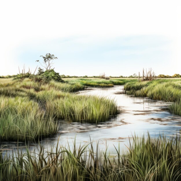 Photo realistic brushwork illustration of southeastern us marsh line