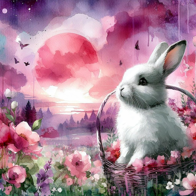 realistic bunny on a pink background with flowers expressionist style and collage