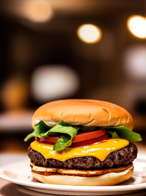 Realistic burger cozy restaurant warm lighting detailed