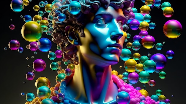 Realistic bust of a young Greek man surrounded by soap bubbles