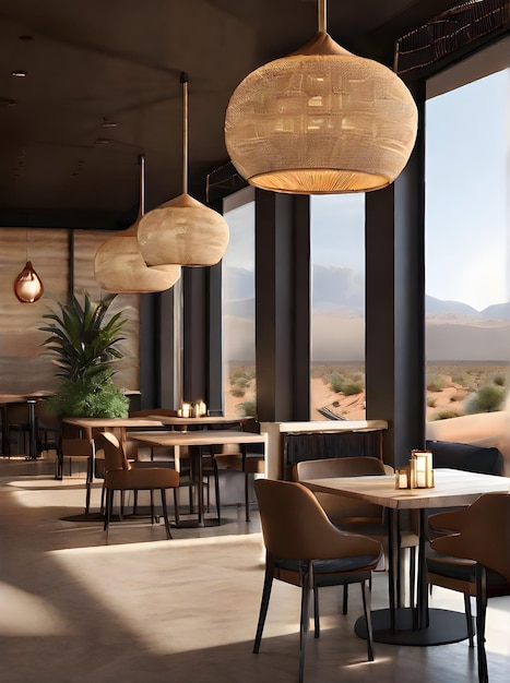 Realistic cafe interior by Vincent Van Duysen desertfacing with Moroccan Generative AI Generated